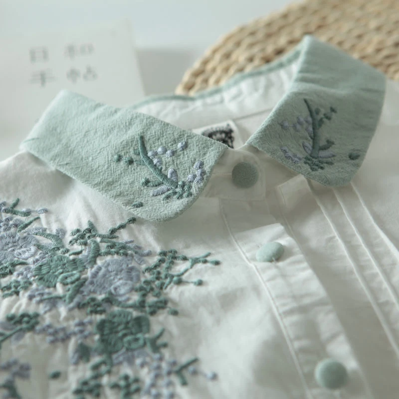 

new fashion women 100% cotton Preppy Style Embroidery long sleeve Turn-down Collar girls blouse female office lady shirts tops
