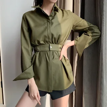 

Spring Women Casual Military Shirt Waist Lapel Long Sleeve Army Green Shirt Blouse for Girls Long Vintage Ladies Tops Streetwear