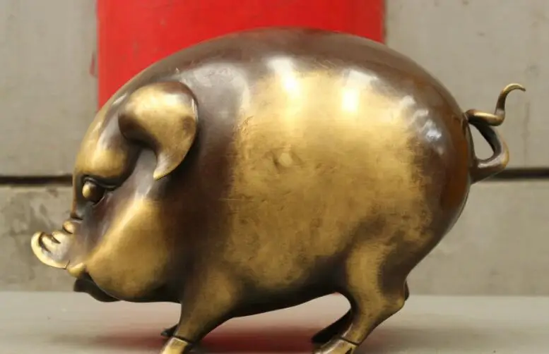 

song voge gem S7177 12 Folk China Chinese Bronze Copper Wealth Year Zodiac Hog Pig Statue Figurine