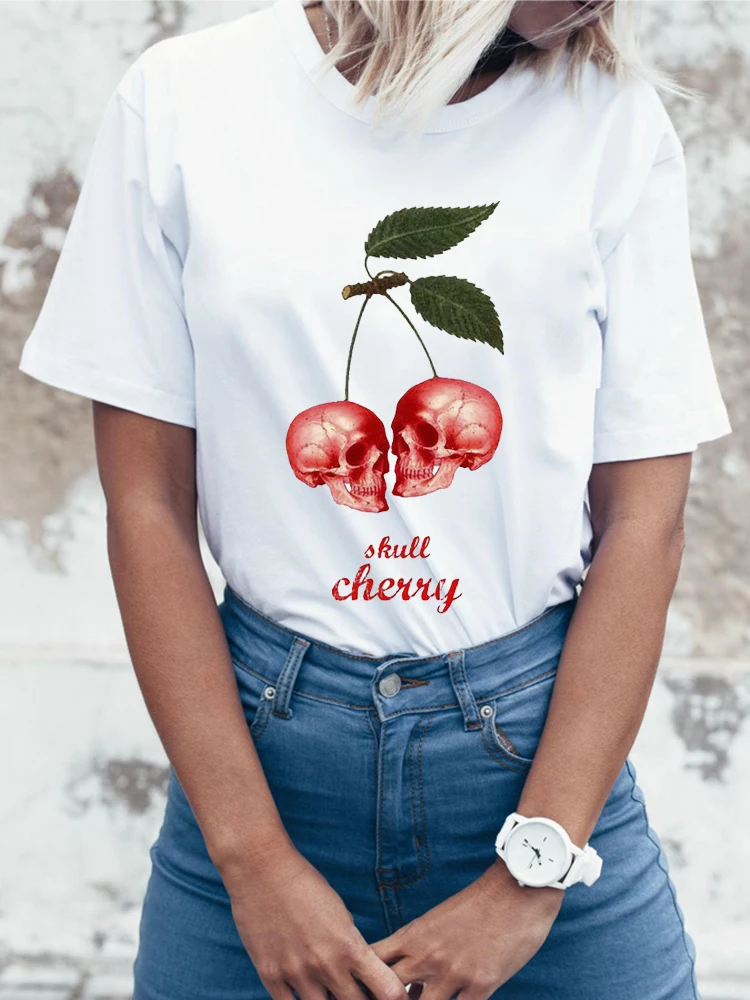 

TEEHEART New Women Summer Skull Cherry T shirt Hot Sales Printed Tops Tee PX360