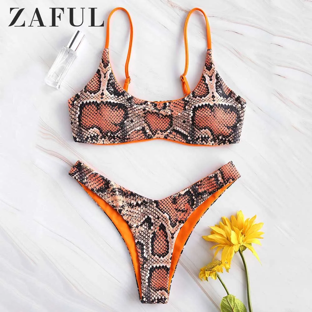 

ZAFUL Snakeskin Print High Leg Bikini Set Spaghetti Straps High Cut Bikini Push Up Swimwear Sexy Swimsuit Women Bathing Suit