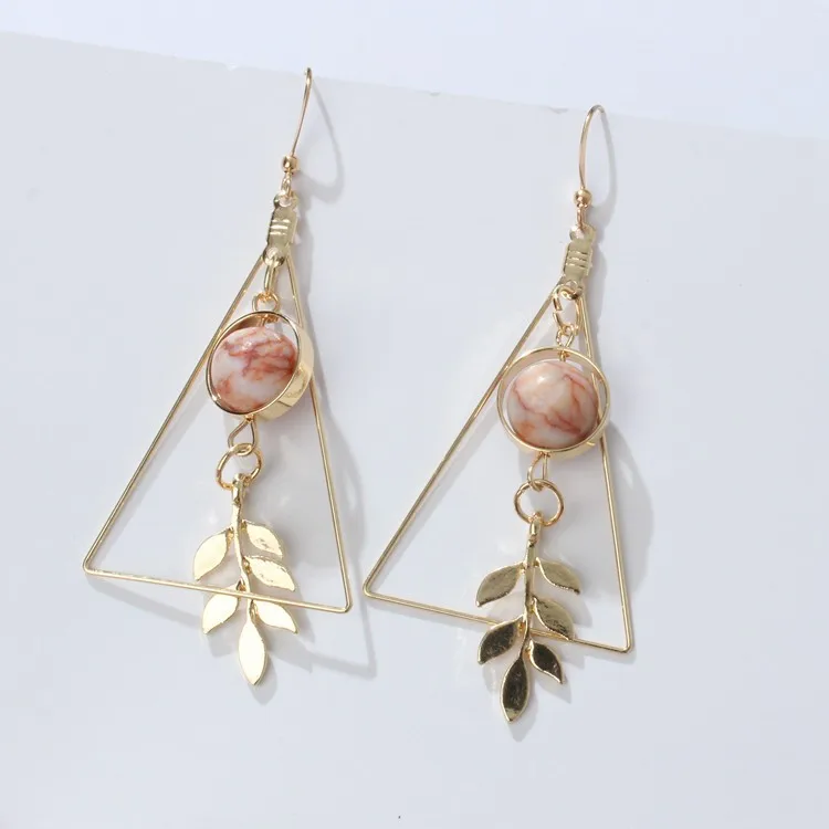 

New Ladies Earrings Round Bead Triangle Hollow Earrings Leaves Marble Earrings Female Earrings Long Personality