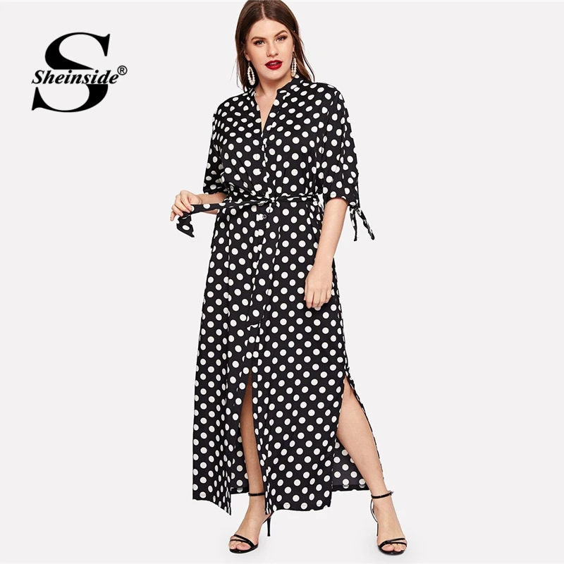 

Sheinside Plus Size Black Polka Dot Print V Neck Straight Dress Women Cuff Knot Maxi Dresses 2019 Spring High Waist Belted Dress