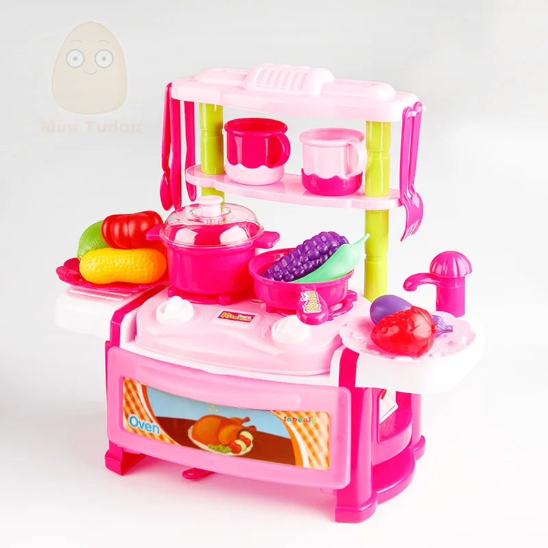 Ролевые игровой кухонный набор игрушка пластиковые продукты, фрукты и игрушечные овощи со светом Звук классический приготовления для девочек мальчиков детей - Цвет: Pink