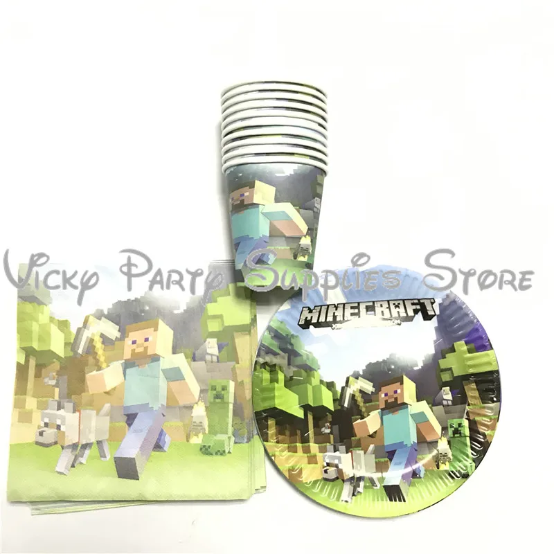 

40pcs/lot Minecraft Theme Disposable Tableware Set Paper Plate Cup Birthday Baby Shower Party Tableware Supplies Decorations