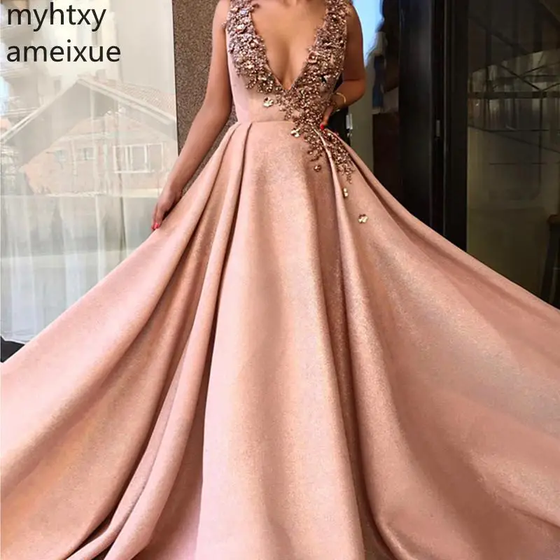 

2019 New sexy Satin Evening Dresses Long Formal Dress V-Neck Plus Size Gown Muslim Dresses For Women Robe De Soiree Custom