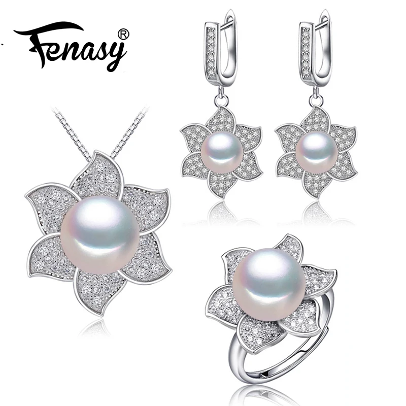 

FENASY Natural Pearl Pendant Necklace 925 Sterling Silver Stud Earrings For Women Big Flower Ring Bridal Jewelry Sets