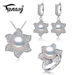 FENASY натуральный жемчужный кулон Цепочки и ожерелья 925 пробы серебро серьги стержня для Для женщин большой цветок кольцо ювелирные изделия