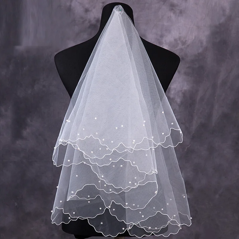 Женская жемчужная Фата для невесты, свадебное платье, вуаль, слои, тюль, лента по краю, свадебные аксессуары, свадебное украшение