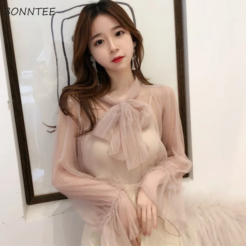 

Shirts Women All-match Long Sleeve Elegant Leisure Sweet Kawaii Bow Blouses Korean Style Female High Quality Clothing Womens New