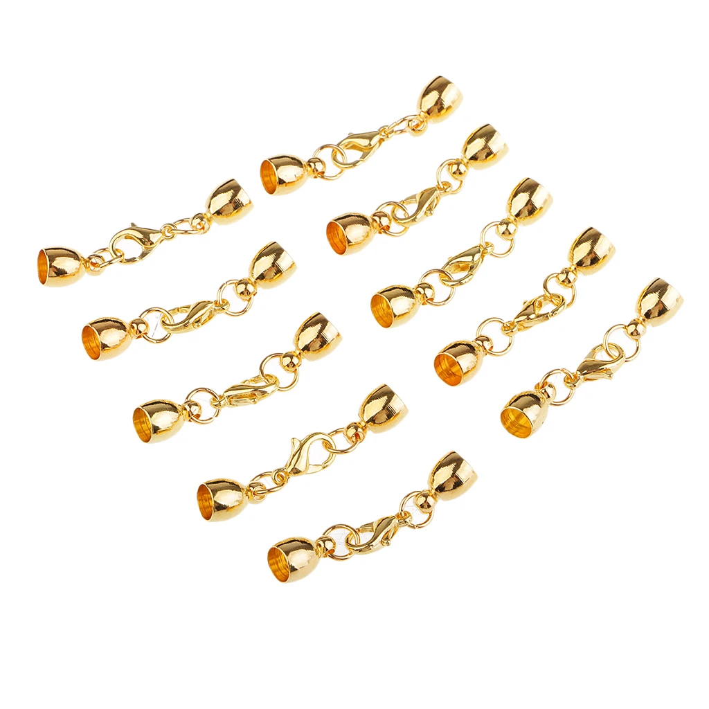 10x Gold Bell Shape Leather Cord End Cap Tips for 5mm Cord with Lobster Clasps Jewelry Findings for DIY Bracelet Necklace