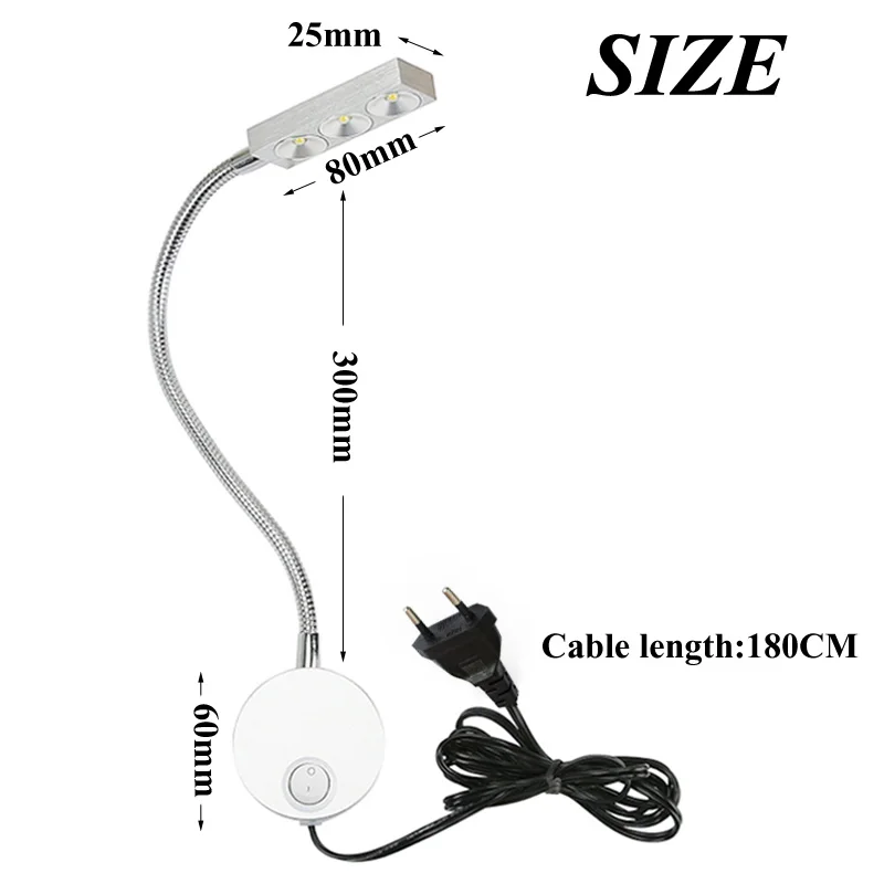 Новинка, 3 Вт, с вилкой европейского стандарта, светодиодный настенный светильник с гибким шлангом, прикроватная лампа для чтения, зеркальная лампа для макияжа, живопись, светодиодный светильник, 85-265 в