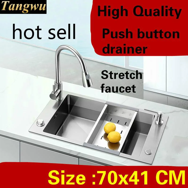 Free shipping Apartment luxury push button drainer kitchen manual sink single trough stretch faucet 304 stainless steel 70x41 CM |