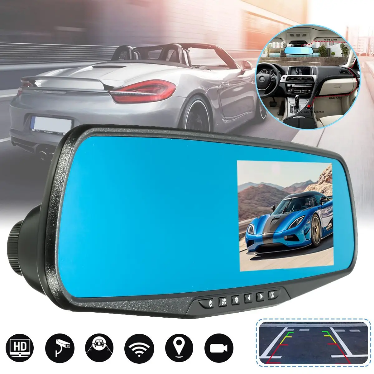 HD 1080P 2.8in LCD Display Screen 90 Degrees Rearview Mirror Dash Cam Camera Video Recorder Night Vision Auto Car Vehicle DVR