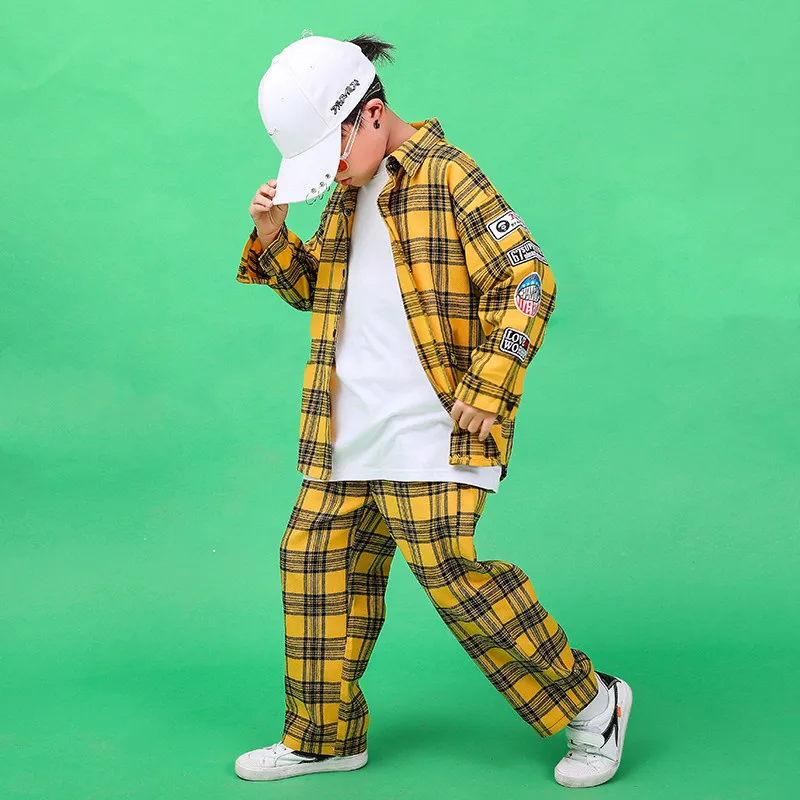 2019 New Children Hip-hop Street Dance Performance Costume Autumn Boys Girls Loose Jazz Dance Show Yellow Plaid Shirt Pants Set (3)