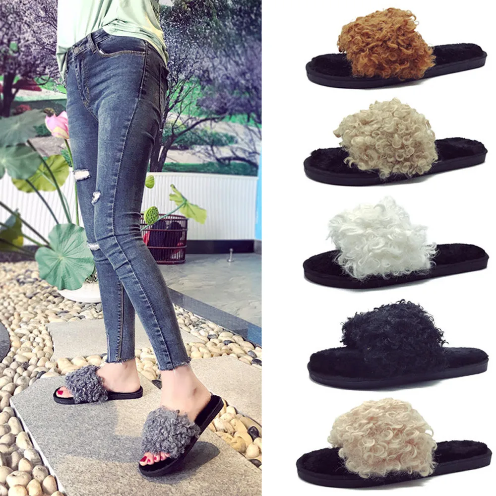 

Women Hair slipper home slipper Ladies Slip On Sliders Fluffy Faux Fur Flat Slippers Flip Flop Sandals Outdoor Round Toe Shoes
