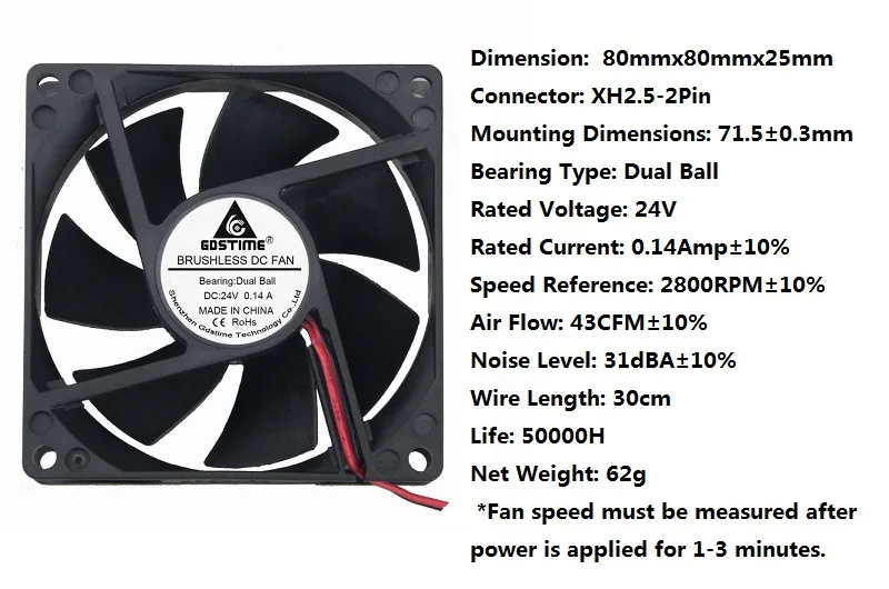 Gdstime 5 шт. 8025 бесщеточный кулер DC вентилятор охлаждения 80*80*25 мм 24 в два шарика 80x25 8 см 2 PinPC вентилятор двигателя 24 вольт