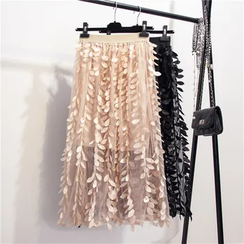 

Women Vintage Sexy Mesh Applique Tutu Skirts High Waist 3D Leaf Petals Gauze Skirt Sexy Perspective Lace Princess Fairy Skirts