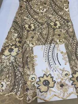 

Gold African French Lace Fabric High Quality African Tulle Lace Fabric for Wedding Beaded French Lace Fabric CD531