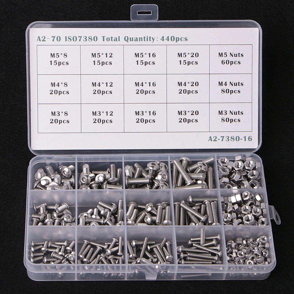 

440PCS Hex Socket Screws Stainless Steel Button Head Bolts Nuts Kit Set #0604