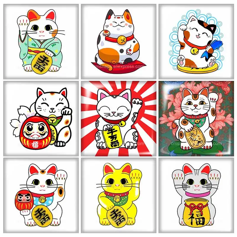 

Japanese Maneki Neko Ceramic Lucky Cat 10pcs mixed 12mm/20mm/25mm/30mm Square photo glass cabochon demo flat back Making finding