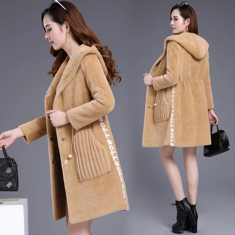 

Women's velvet Fur Coats Faux Fur Coat Female Artificial Mink Fur Ladies Embroidery Warm Long Hooded plush jacket Overcoat