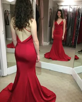 

Simple Mermaid Red Evening Gowns Deep V Neck Cross Backless Sweep Train Satin Plus Size Prom Dress For Girls Cheap Evening Dress