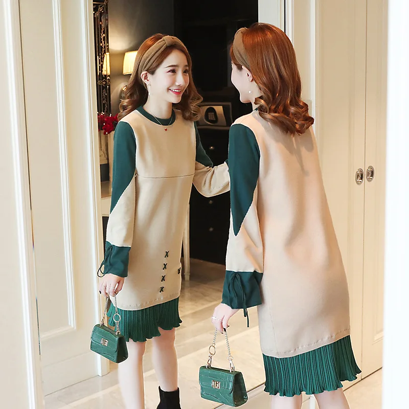

2018 pregnant women autumn and winter knit dress loose casual stitching breastfeeding maternity dress