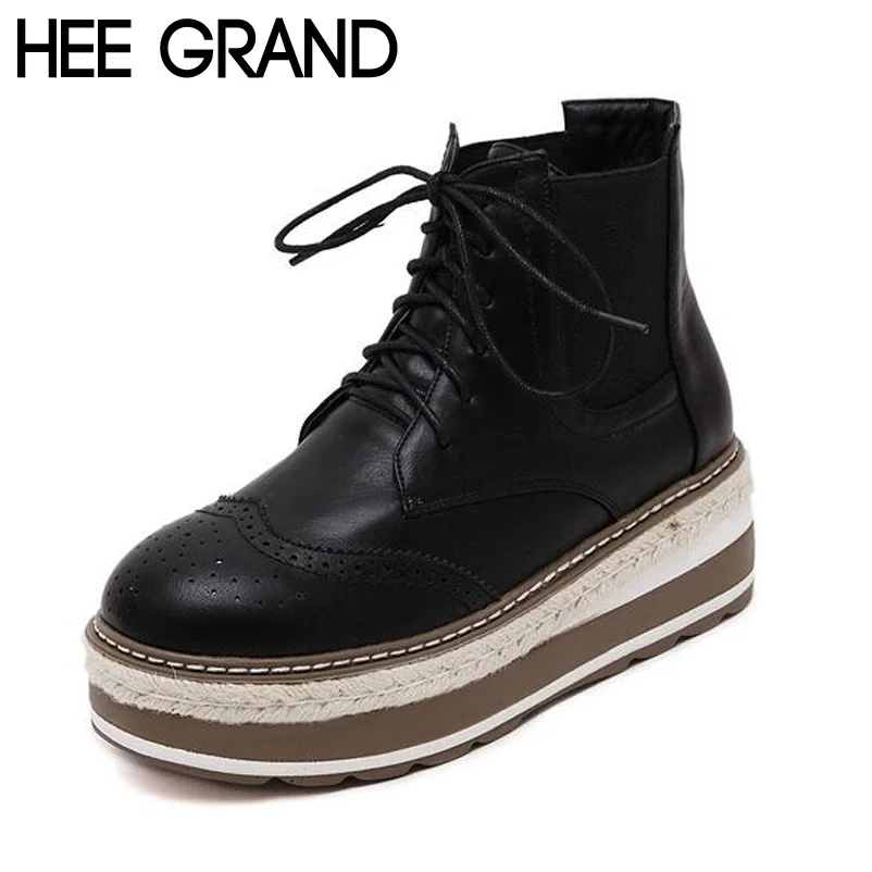 

HEE GRAND Women Platform Oxfords Hemp PU Patchwork Lace up Fashion Brogue Shoes Woman Single Casual Ankle High Shoes XWX5316