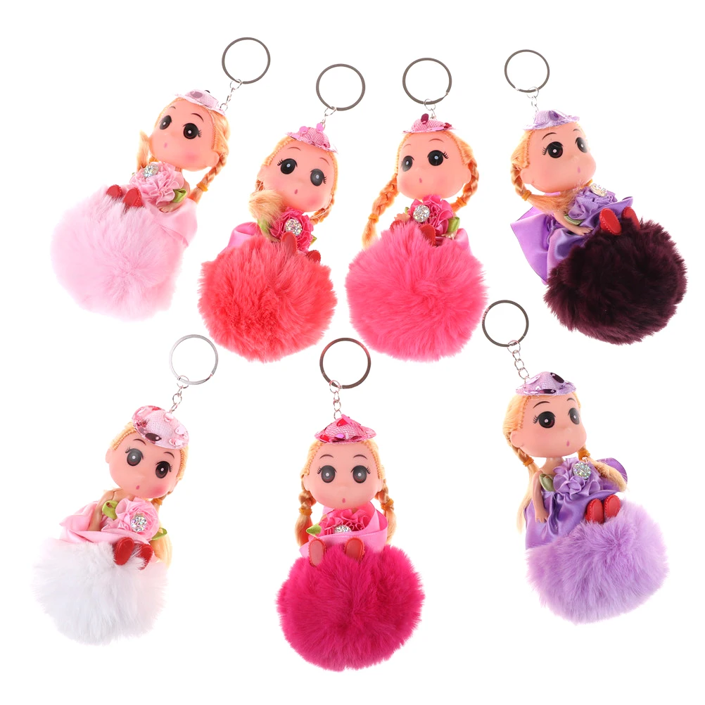 Pompom Key Chain 18cm length Cute Girl Toy Barbie Doll Faux Fur Ball Keychain Pom poms Keychains Handbag Bag Charm Jewelry