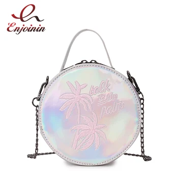 

Fashion Dazzling Laser Embroidered Coconut Tree Letter Round Ladies Tote Chain Shoulder Bag Mini Messenger Bag Girl's Handbag