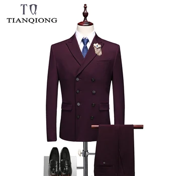 

Double Breasted Black Purple Suit Slim Fit 3 Pieces Man Wedding Suits Luxury Brand Men Dress Suit Formal Jacket+Pants+Vest