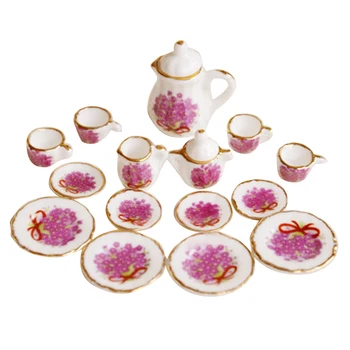 

HOT SALE Lot of 15 Purple Flower Porcelain Dollhouse Miniature Coffee Tea Cup Set