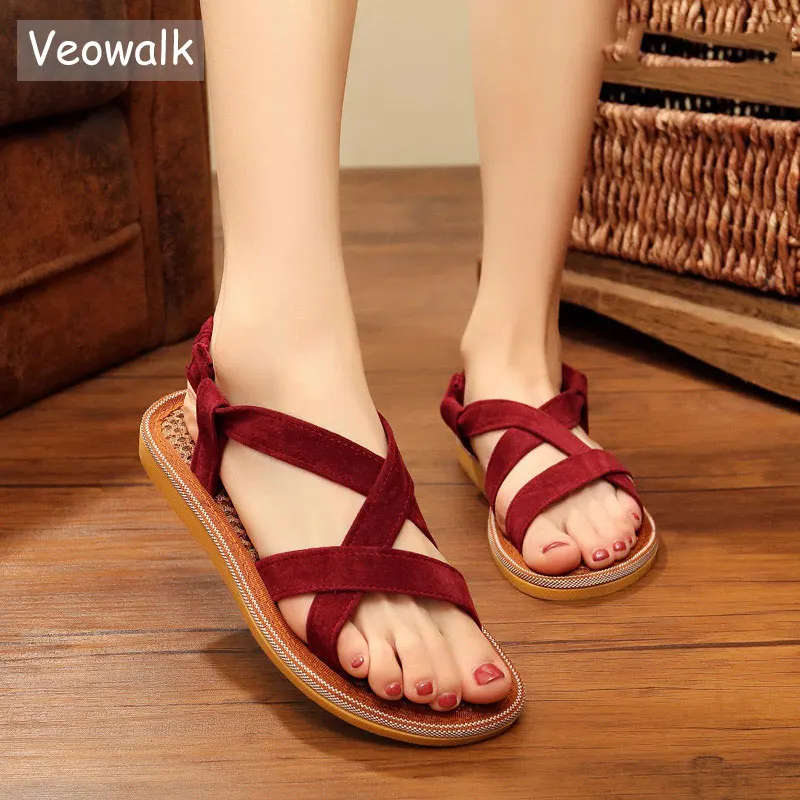 Veowalk Summer Fashion Women's Cotton Bandage Flat Sandals Soft Natural ...