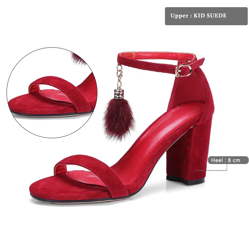 scamosciata Summer alto con Party in Decorazione pelle Fur Wetkiss Nero Quadrati Shoes Open tacco metallo Sandali Kid donna Rosso da Fashion Toe PpSpWd