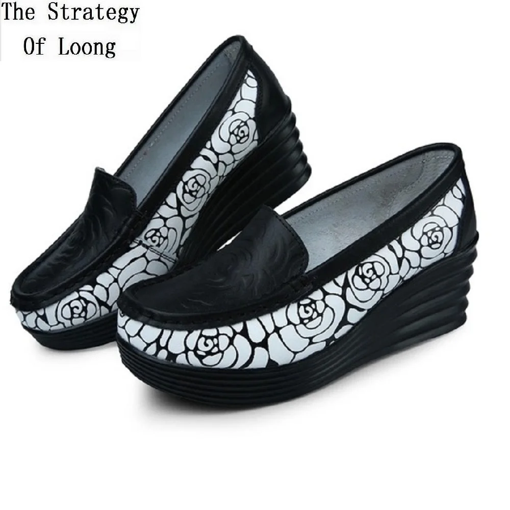 

2019 New Spring Autumn Fashion Genuine Leather Women Pumps Print Sewing Shallow Increasing High Slip-On Lady Shoes 20190626