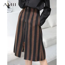 Amii, винтажные женские юбки в полоску, осень, офисные, на молнии, свободные, средней длины, женские юбки