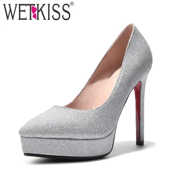 

WETKISS Stiletto Heels Bling Shoes Women Pumps Pointed Thin Heels Slip On Platform Footwear 2019 New Fashion Party Ladies Shoes
