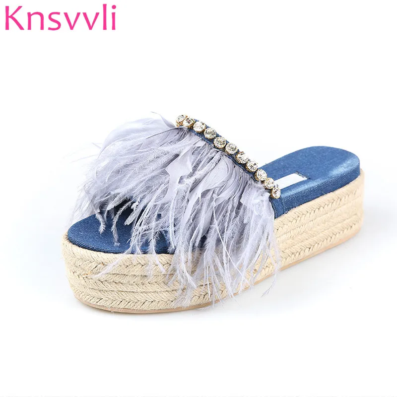 Knsvvli Feather Slippers Women Summer Fashion Outside Rhinestone Denim Cane Platform Mules Shoes Women 