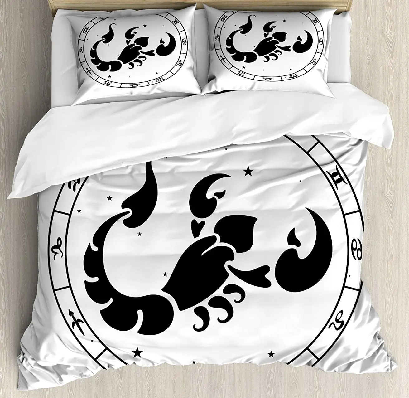 

Zodiac Scorpio Duvet Cover Set, Circular Astrological Chart with Abstract Animal in the Middle with Stars 3 Piece Bedding Set