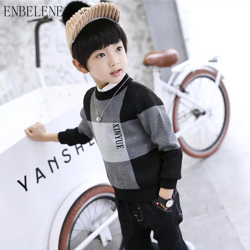 Autumn Knitted Big Boys Sweaters for Kids Black Gray Plaid Pullover
