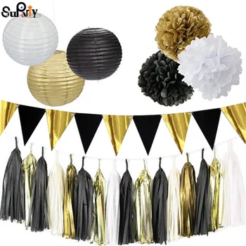 

1 set Mixed Black Gold White Paper lantern Paper Balloons Tissue Pom poms Wedding Birthday Baby Shower Graduation Party Decor