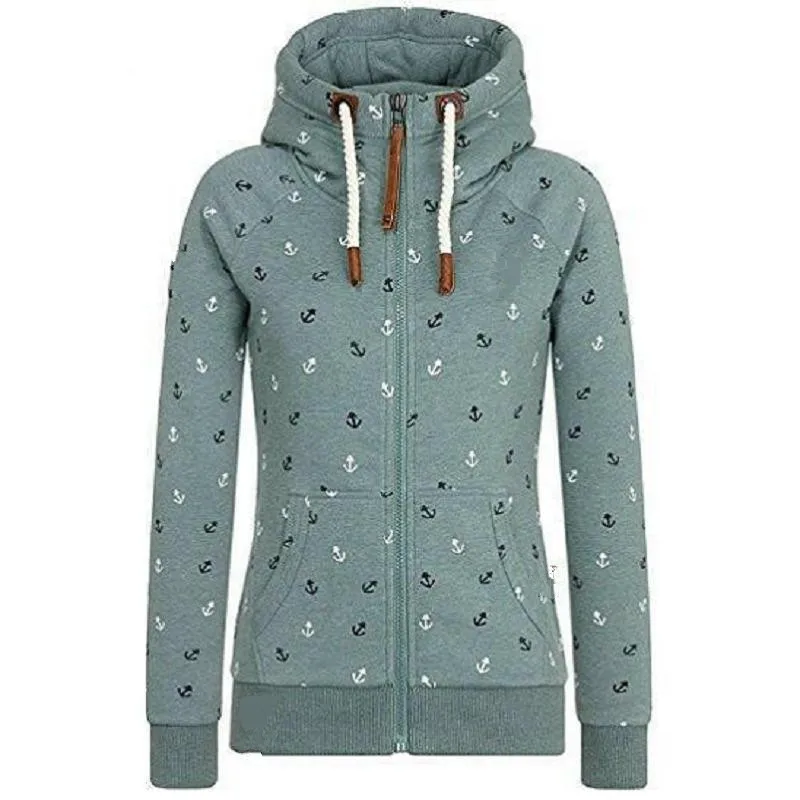 

New Fashion Hoodies Women Button Pink Gray Blue Green Casual Warm Print Hooded Zipper Zip Up Sweatshirt Slim Female Hoody