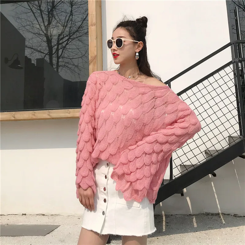 

2019 New Trumpet Sleeves Leaf Sweater Loose Openwork for Women Female Pullover Gothic Clothes Plus Size Thin Top Autumn