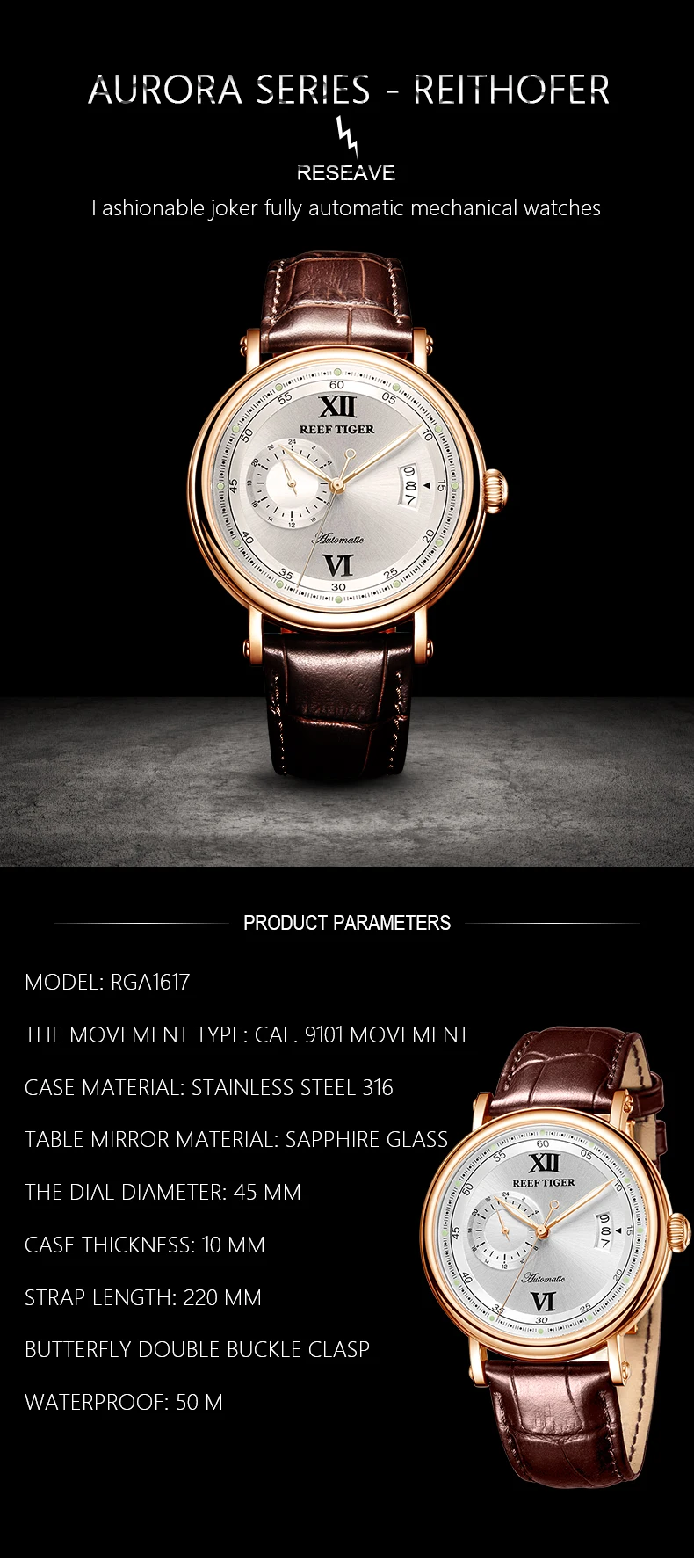 Reef Tiger/RT роскошные часы, мужские креативные часы, новинка, розовое золото, автоматические часы, большая дата, синие аналоговые часы, 5 бар, RGA1617-2