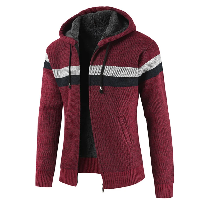 2019 Winter Men Sweater Men's Cardigan Sweater Striped Plus Velvet Thickening Hooded Men's Tide Distressed Sweater Long Sleeve
