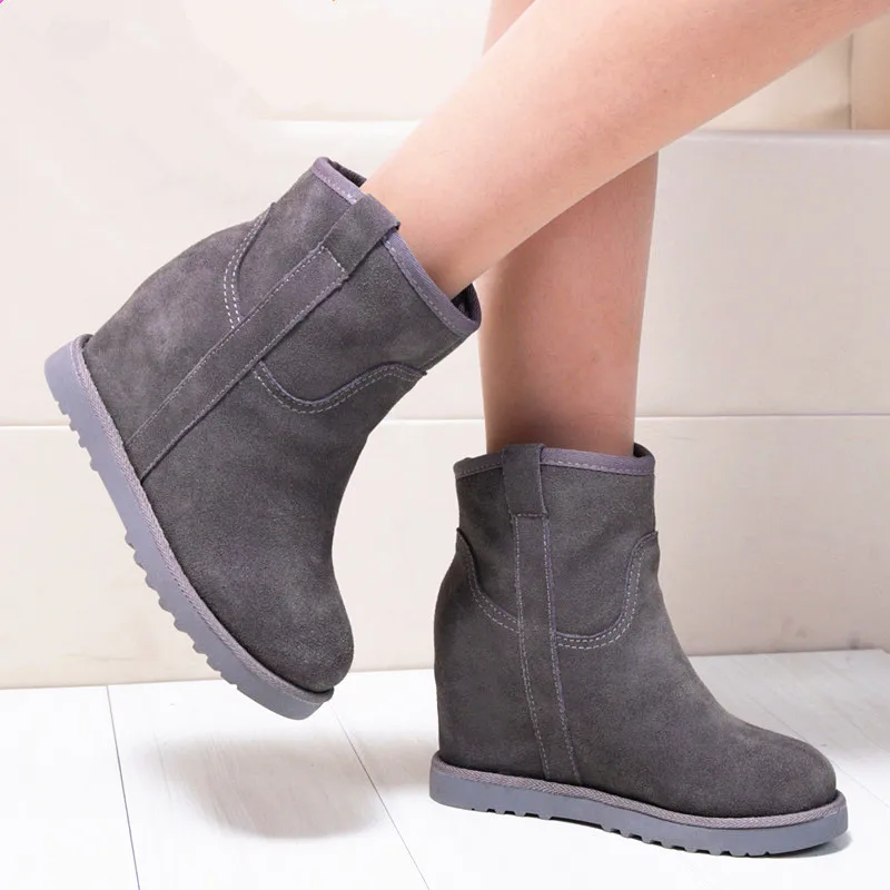 

woman snow boots 2018 winter height increased 8cm genuine leather snow boots short tube solid handmake female snow boots