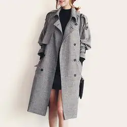 Красивая осенняя и зимняя Корейская версия X-длинные шерстяные пальто Шерстяное пальто двубортный плед Англия Стиль Винтаж парка