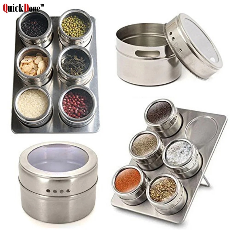 

QuickDone 6Pcs Stainless Steel Magnetic Cruet Condiment Spice Jars Salt and Pepper Shaker Seasoning Sprays Cooking Tools AKC6071