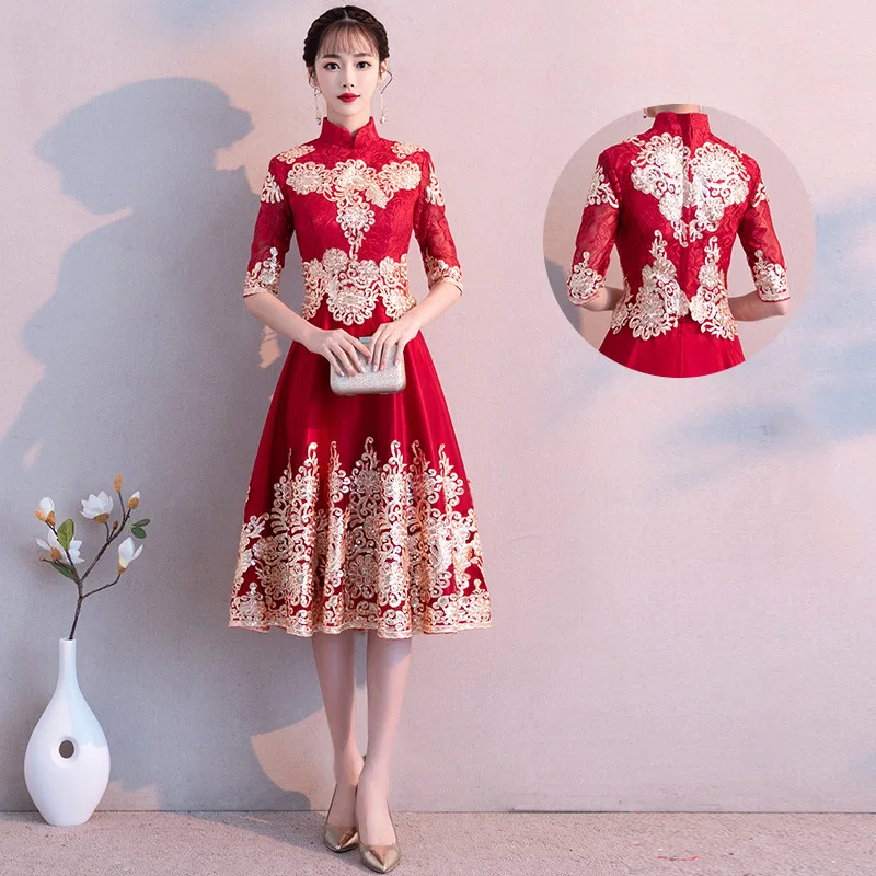 Chinoise Вечерние платья Длинные Qipao Свадебные невесты вышивка красный Традиционный ченсам китайское платье одежда Вечерние платья - Цвет: collar sleeve